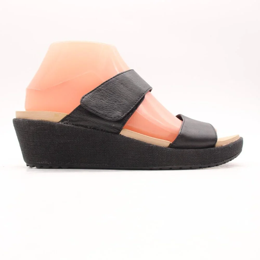 Crocs A-Leigh Women's 8 Black Leather Canvas 2 Strap Wedge Slip On 202531